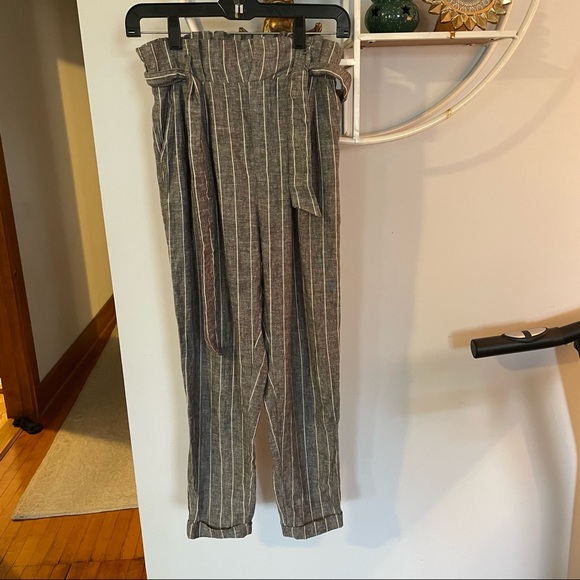 Bershka Women's Small S Striped Linen Blend Belted Pants - Picture 3 of 4